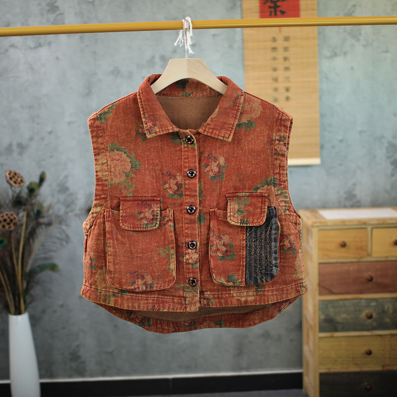 复古风休闲百搭斜纹亚麻炒色做旧女士马甲
