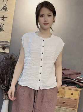 砂洗亚麻木耳边复古无袖单排显瘦麻衫坎袖飞袖衬衫长56胸围112