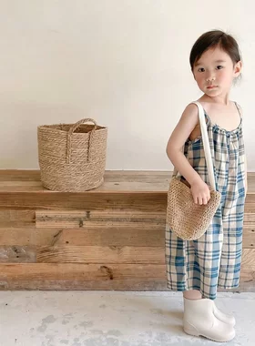 童装夏季新品女童韩版夏装休闲格子吊带连体裤连身衣阔腿九7分裤