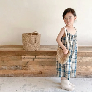 女童韩版 新品 夏季 休闲格子吊带连体裤 连身衣阔腿九7分裤 夏装 童装