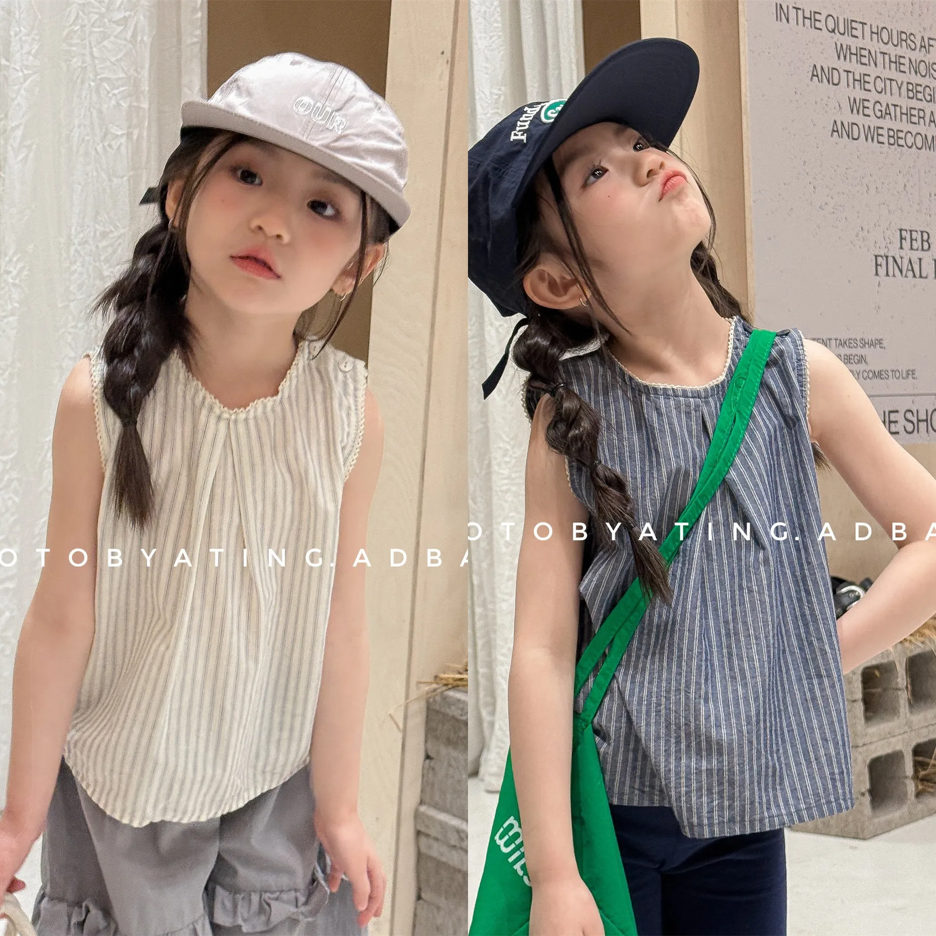 2026童装夏季新品女童夏装韩版花边无袖衬衫衬衣上衣T恤ins风条纹