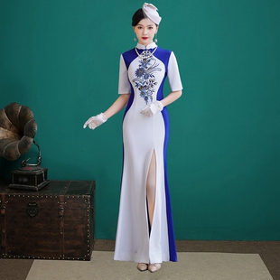 宴会晚礼服修身鱼尾白色长款旗袍气质模特团队走秀演出服主持人夏