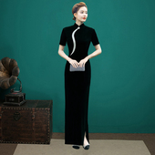 黑色显瘦中国风 优雅高端演出服时尚 走秀金丝绒旗袍裙2026新款 长款