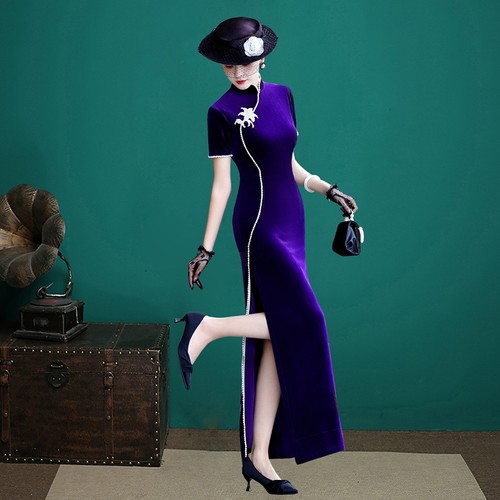 2026秋冬长款丝绒走秀演出服旗袍