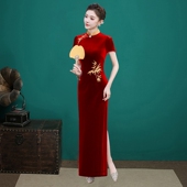 演出服 女改良中国风丝绒绣花礼服修身 高端长款 走秀旗袍2026秋冬款