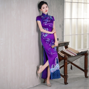 女复古礼服连衣裙 桑蚕丝旗袍长款 重磅真丝名媛高考刺绣婚宴装 修身