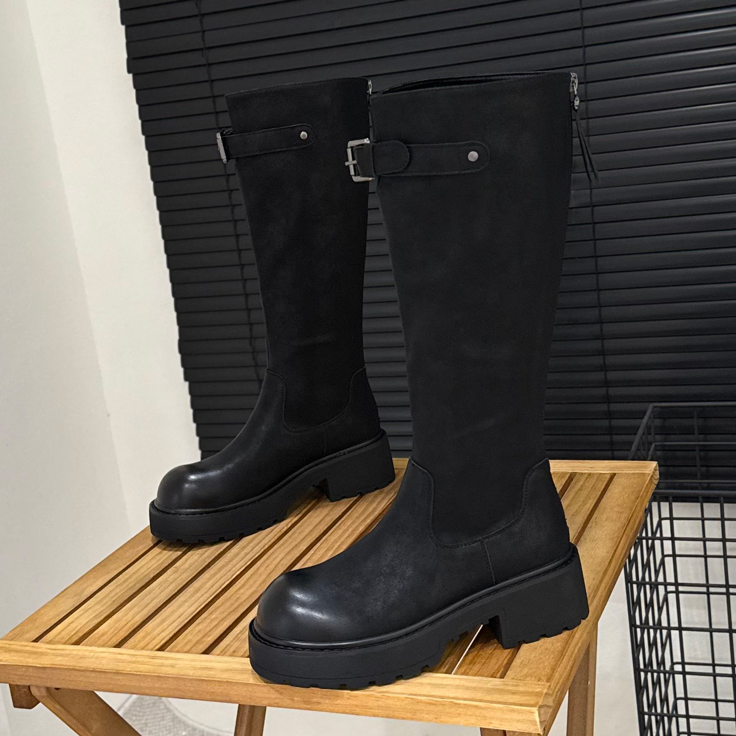 不过膝粗跟长筒靴显瘦时尚骑士靴