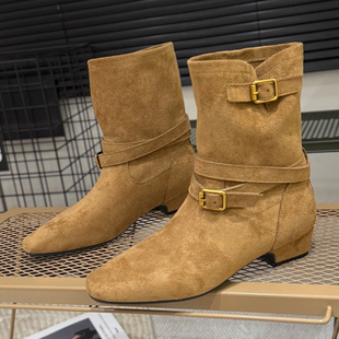 2025秋冬新款 小方头短靴马丁靴 复古西部牛仔靴女粗跟中筒靴子时尚