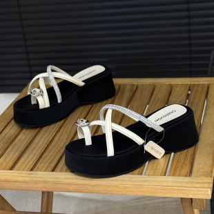 仙女风水钻夹趾凉拖 增高时尚 6cm厚底套趾拖鞋 女夏外穿2026年新款