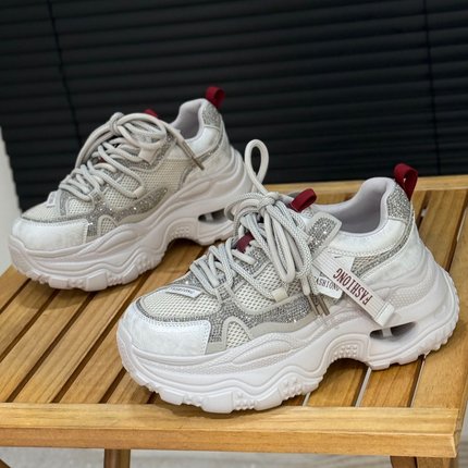 烫钻厚底老爹鞋女2026新款小个子增高7cm灰色休闲女鞋时尚运动鞋