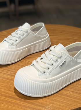 丑萌大头真皮小白鞋女薄款透气饼干板鞋系带厚底增高时尚洋气春夏