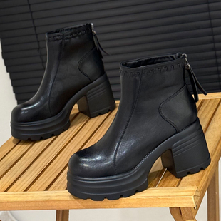 靴 加绒小个子粗跟短靴小众高跟时装 8cm增高马丁靴女2025新款 冬季