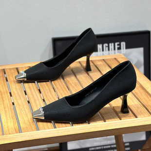 百搭时尚 水钻金属方头优雅单鞋 高跟鞋 新款 女7cm细跟增高秋季 韩版