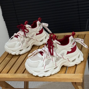 运动休闲网鞋 6cm增高真皮老爹鞋 网面透气厚底女鞋 新款 女2026春季