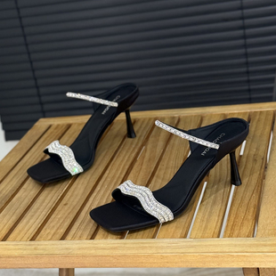 性感水钻一字带7cm细跟拖鞋 女夏外穿增高露趾仙女风气质露趾凉拖
