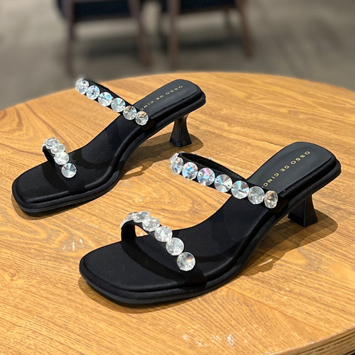 细跟6cm水钻露趾高跟凉拖鞋女