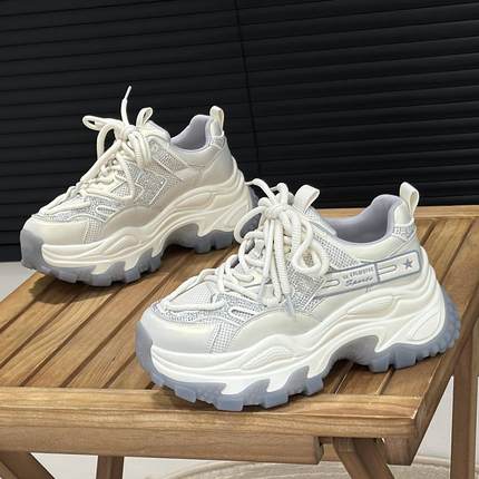 水钻厚底真皮老爹鞋女ins潮春款透气网面增高7cm小个子休闲运动鞋