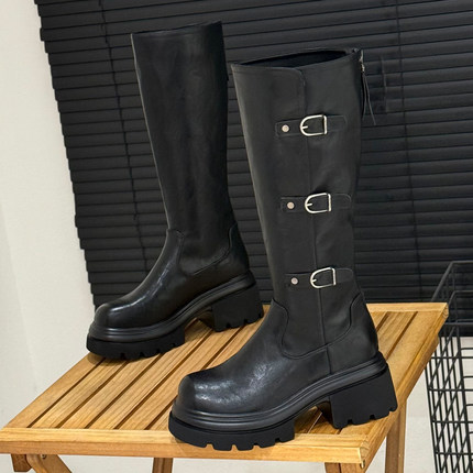 7cm平口长靴子女2025新款秋冬不过膝长筒靴大腿围机车高筒骑士靴