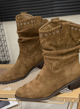 复古西部牛仔靴女2025秋冬新款套筒女靴编织铆钉时尚粗跟中筒靴子