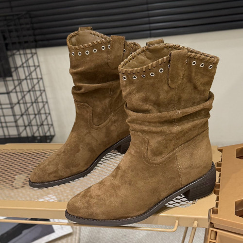 复古西部牛仔靴尖头短靴女中筒靴