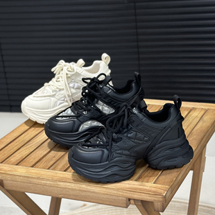 增高6cm轻便系带休闲运动鞋 显脚小黑色厚底老爹鞋 女ins潮2025新款