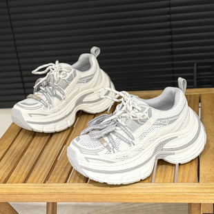 透气镂空网面增高轻便休闲运动网鞋 新款 女2026夏季 7cm厚底老爹鞋