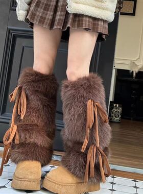 秋冬毛毛腿套女y2k蝴蝶结绑带中筒袜套保暖显瘦仿皮草