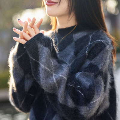 撞色复古菱形格拉绒100%纯羊毛衫