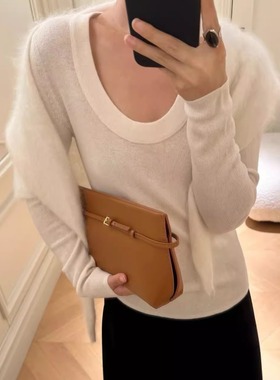 独特漂亮的白色U领小衫坑条超显瘦长袖60支18针针织衫纯羊毛上衣