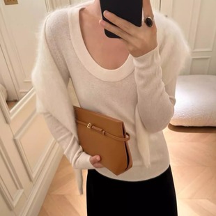 独特漂亮的白色U领小衫坑条超显瘦长袖60支18针针织衫纯羊毛上衣
