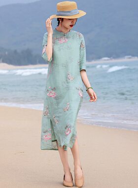 中国风苎麻刺绣盘扣旗袍裙