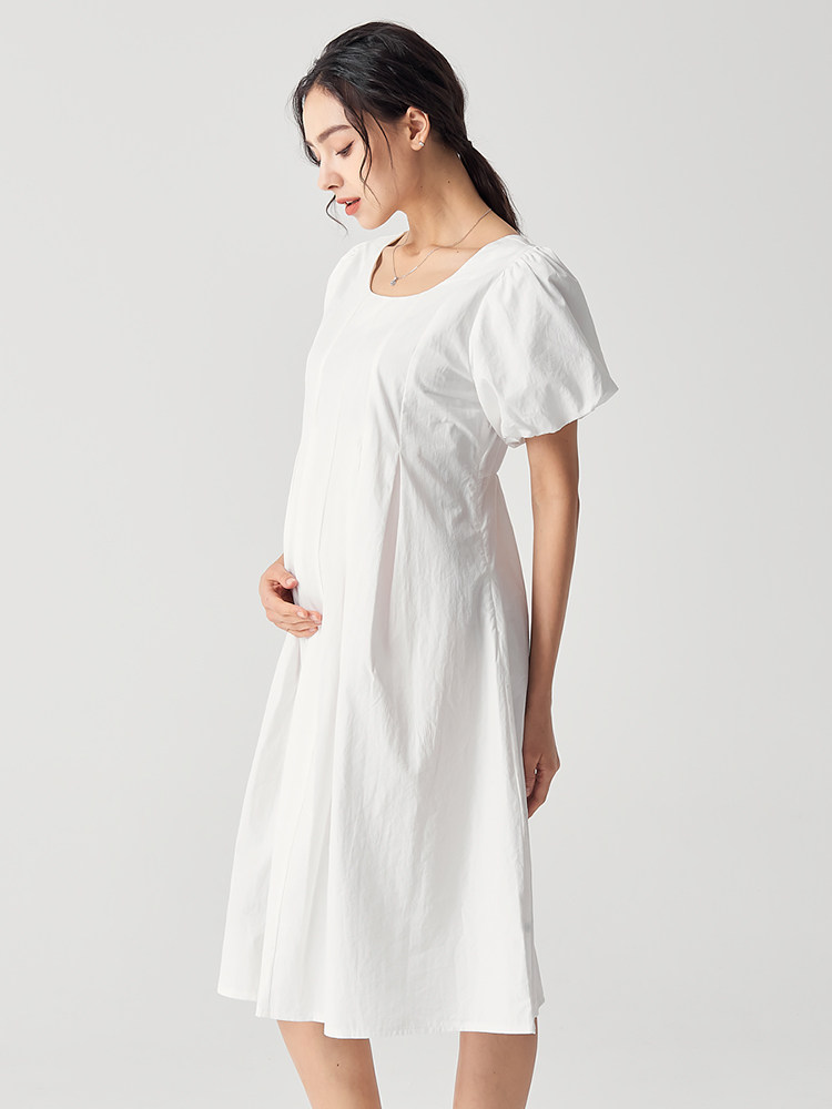 MASANON MATERNITY SUMMER THIN SKIRT 2025 NEW SUMMER DRESS FRENCH PUFF SLEEVE WHITE DRESS WOMEN