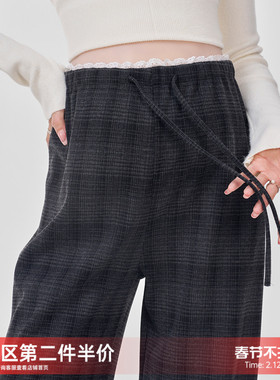 孕妇裤秋冬季格子阔腿裤子加绒加厚2026新款休闲直筒长裤春装外穿