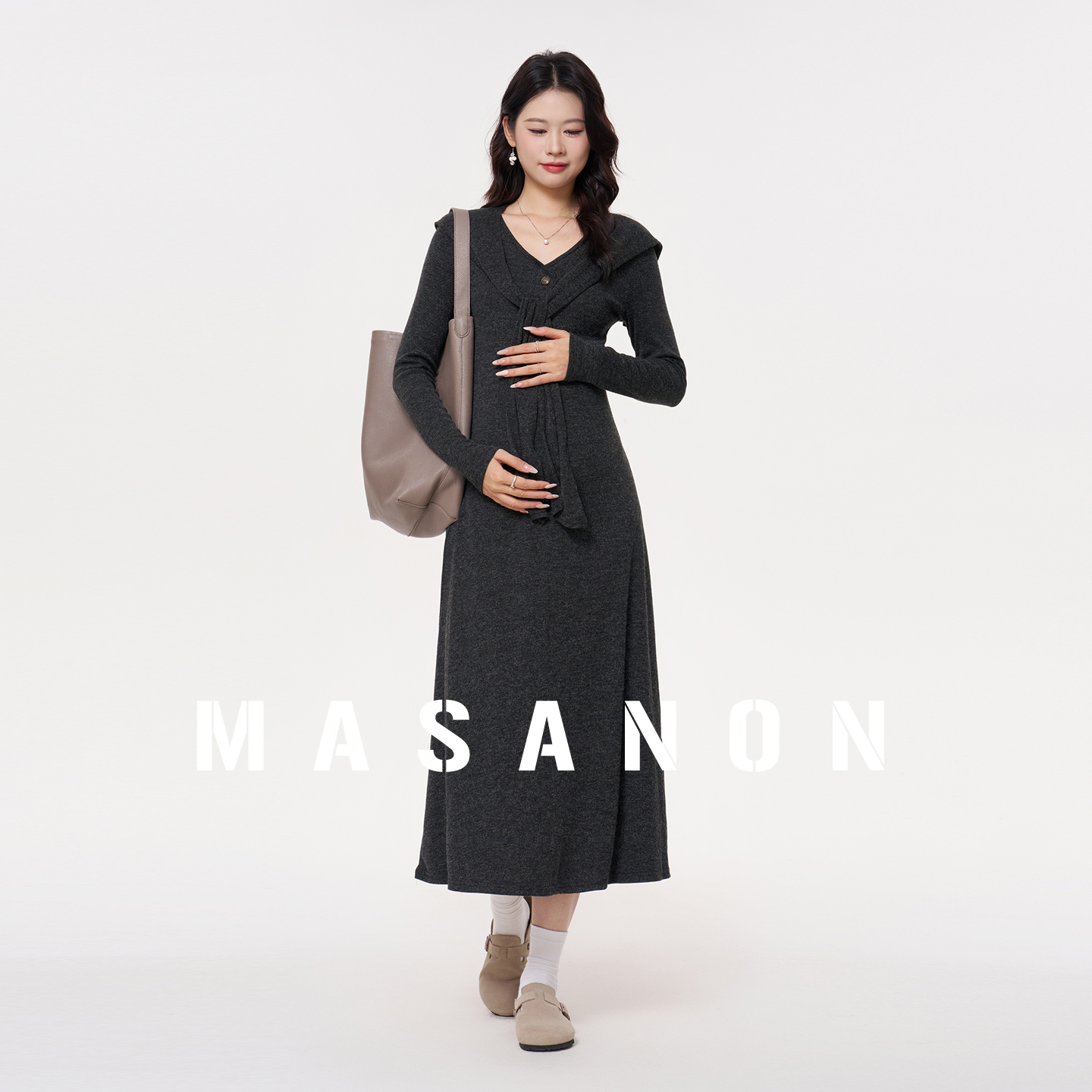 MASANON孕妇披肩v领针织连衣裙