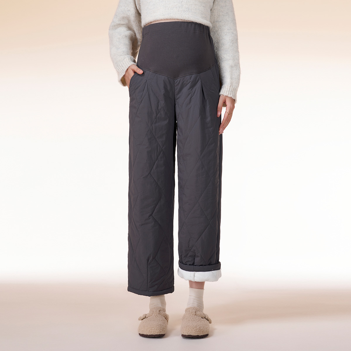 孕妇裤子秋冬款小个子仿羽绒阔腿裤冬季加绒加厚保暖棉裤休闲裤子