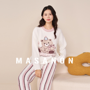 MASANON孕妇睡衣冬外穿半边绒小熊加厚月子服条纹睡裤家居服套装