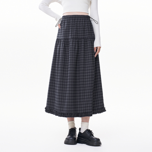 MASANON孕妇半身裙秋冬装 小个子无托腹格子裙花边a字伞裙 2025新款