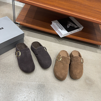 07-5乐乐家冬季新品女真皮真毛一字带包头勃肯拖鞋内增高4cm潮