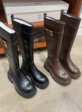 779-67乐乐家冬季新品女皮面加绒厚底骑士靴高筒长靴韩版不过膝潮