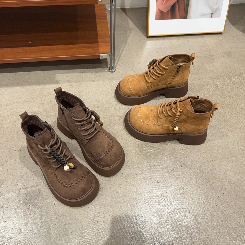 991-321乐乐家秋季新品女厚底增高圆头系带高帮勃肯韩版休闲鞋潮