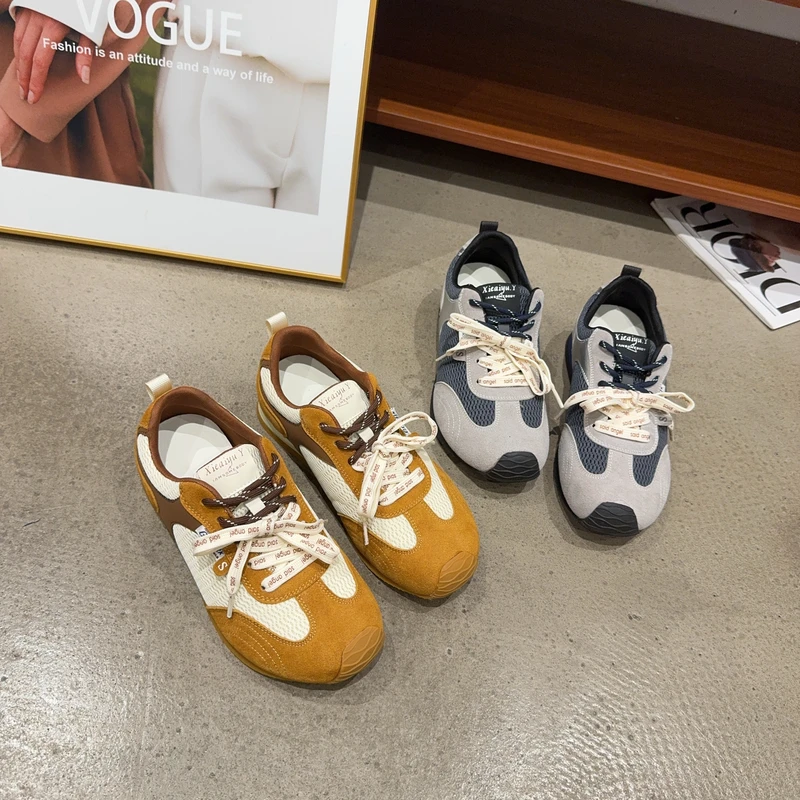 0528-3秋季新品女真皮拼接网面系带休闲鞋软底透气舒适百搭阿甘鞋