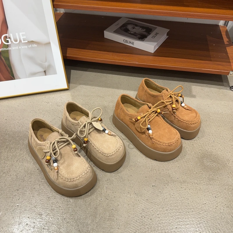 301-16秋季新品女真皮厚底增高勃肯鞋系带百搭乐福鞋小个子