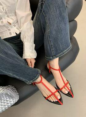 322-2夏季新品女尖头低跟一字带凉鞋简约时尚韩版网红同款潮