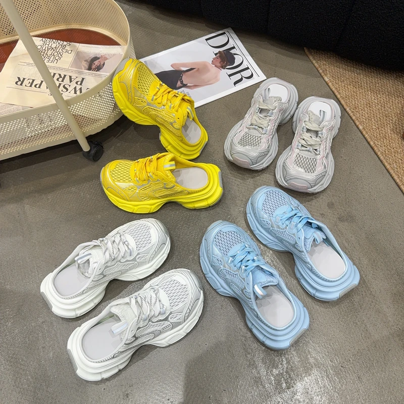 1611-6 夏季新品女真皮拼接网面巴黎同款老爹鞋时尚潮流一脚蹬女