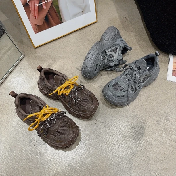 9065-2乐乐家秋季新品女真皮爆米花老爹鞋轻盈增高系带休闲鞋潮爆