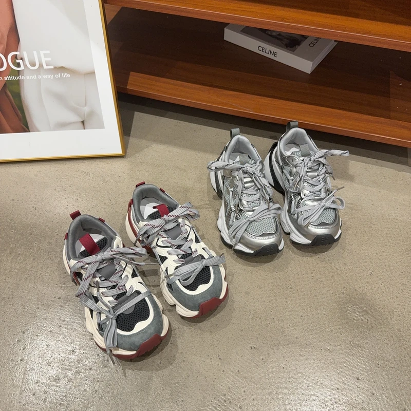 82-01秋季2025新款透气网面运动休闲鞋耐磨厚底增高老爹鞋