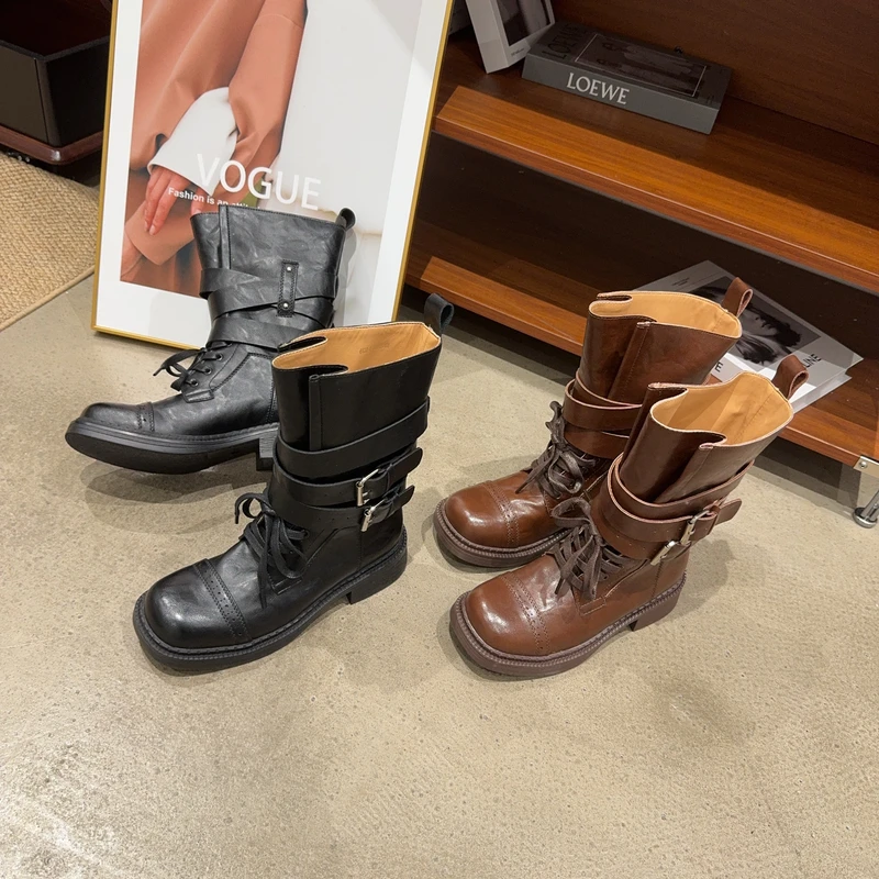 6632-5复古英伦风马丁靴女2025秋季新款粗跟皮带扣短靴机车靴百搭