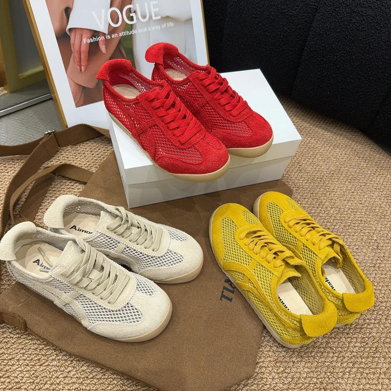 5900-1686 夏季新品女真皮拼接网面透气轻盈德训系带休闲鞋韩版潮