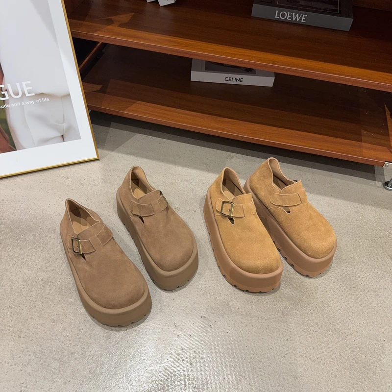 722-1秋季新品女真皮厚底增高勃肯鞋魔术贴一脚蹬乐福鞋小个子潮