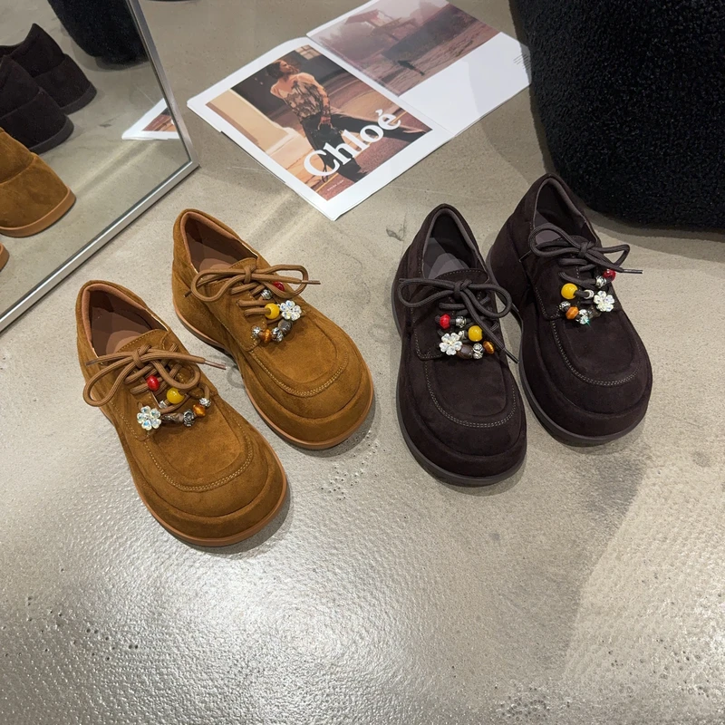 6-016乐乐家秋季新品女绒面厚底勃肯鞋系带增高韩版休闲鞋时尚潮